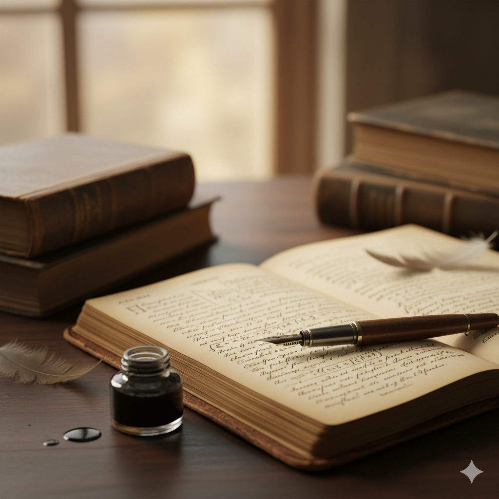 Philosophy manuscript and pen on desk with soft focus. lajop